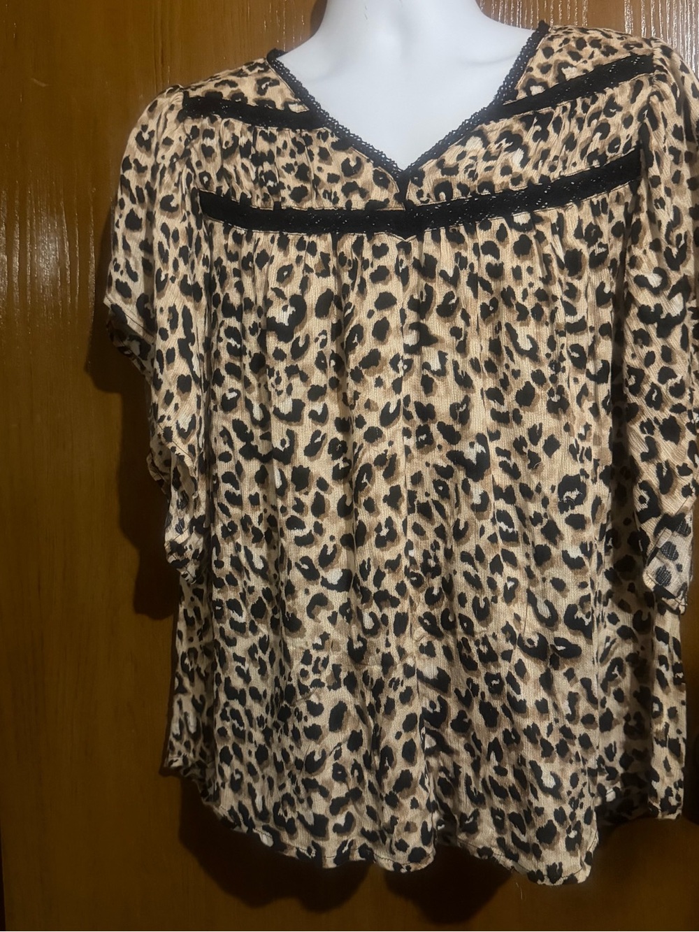 Democracy Leopard Print V-Neck Blouse with Black Lace Trim